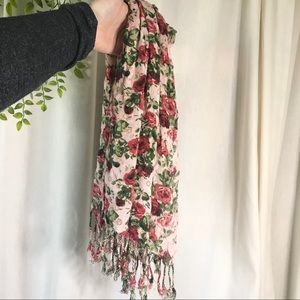 Pink Floral Scarf with tassellike fringe